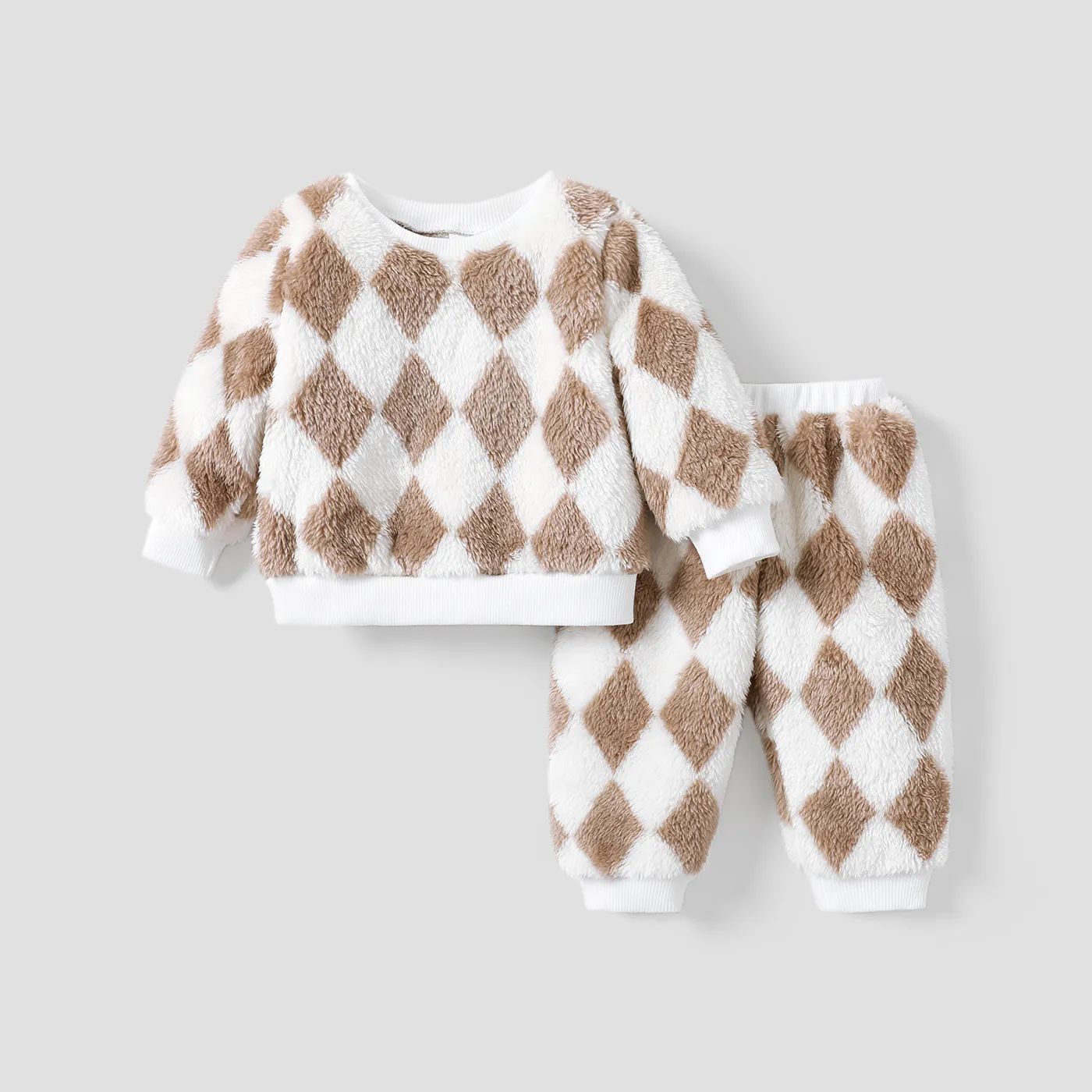 2pcs Baby Boy/Girl  Casual Grid Long Sleeve Set Khaki big image 1