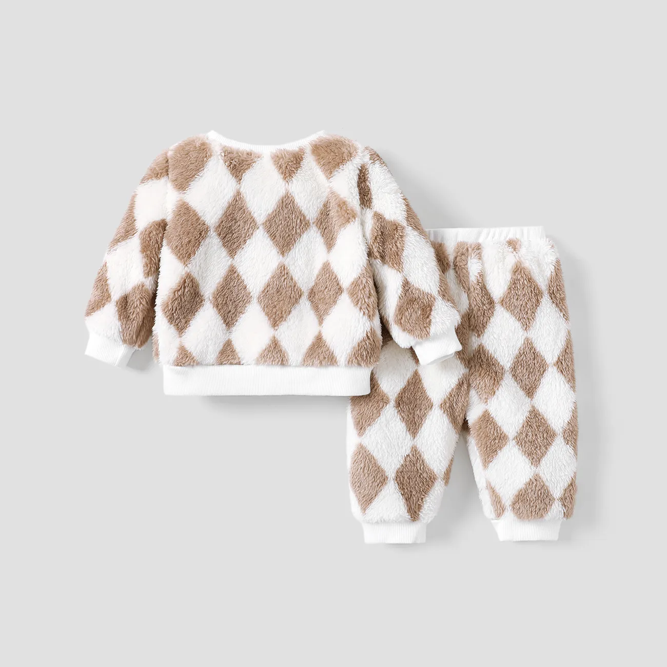 2pcs Baby Boy/Girl  Casual Grid Long Sleeve Set Khaki big image 1