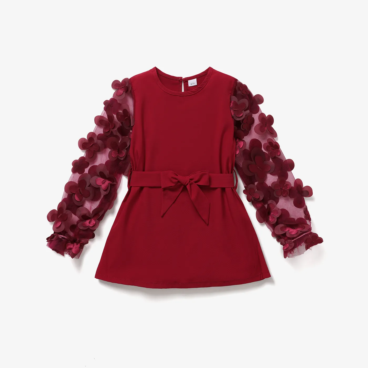 Kid Girl 3D Applique Mesh Long-sleeve Belted Tee Burgundy big image 1