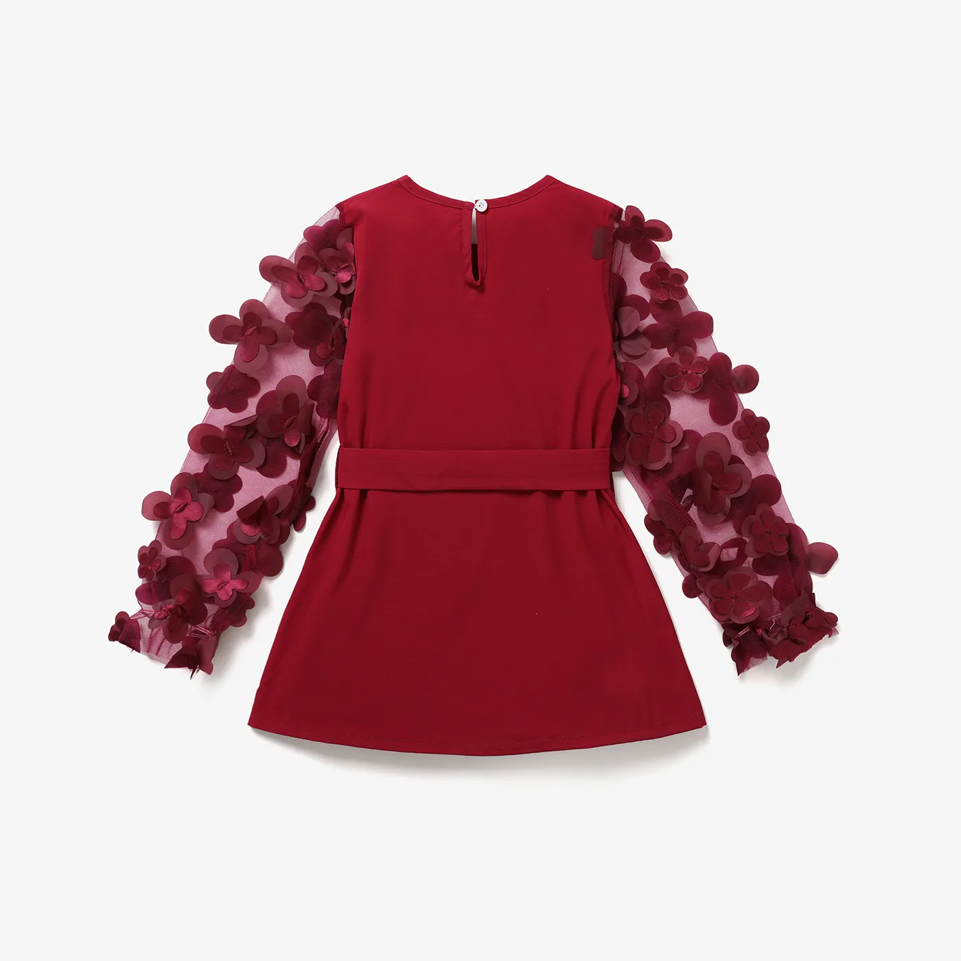 Kid Girl 3D Applique Mesh Long-sleeve Belted Tee Burgundy image 2