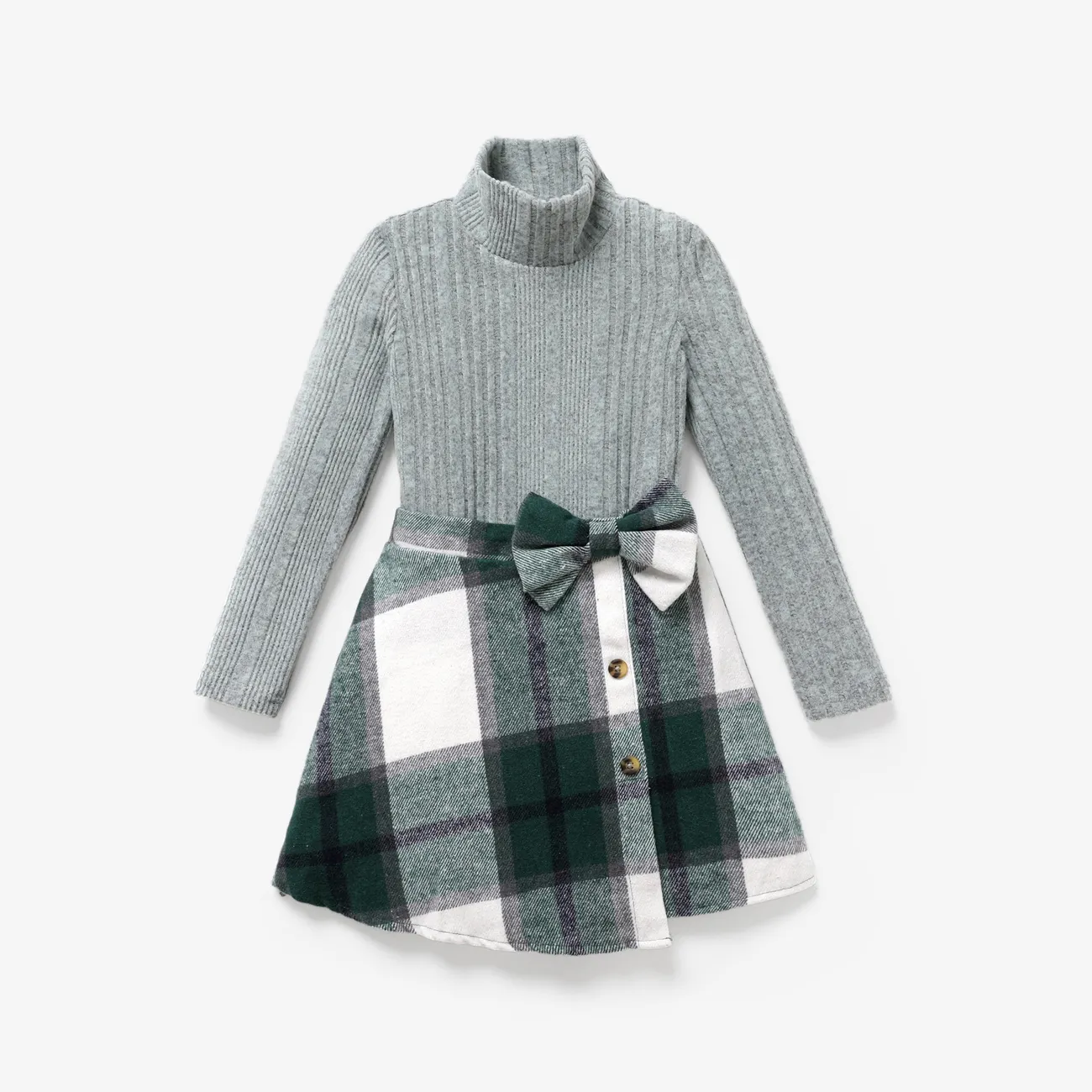 2pcs Kid Girl Long-sleeve Sweater and Bow Decor Plaid Skirt Set   big image 1