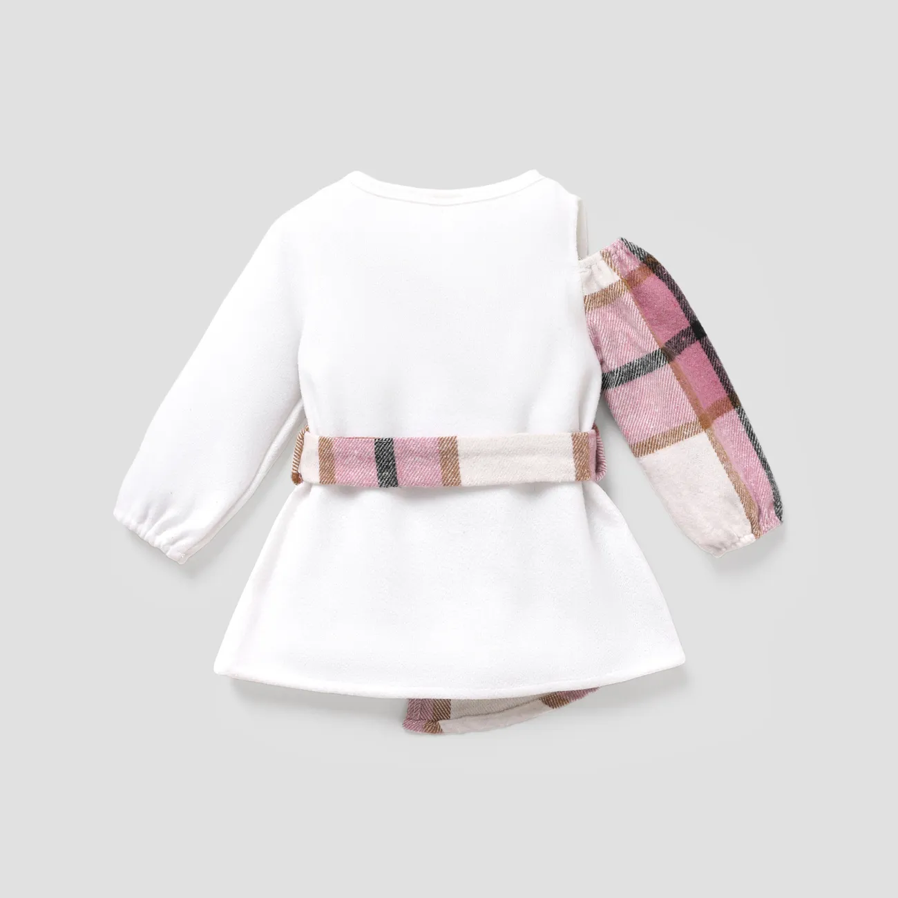 Baby Girl Plaid Buttons Belted Long-sleeve Dress PinkyWhite big image 1