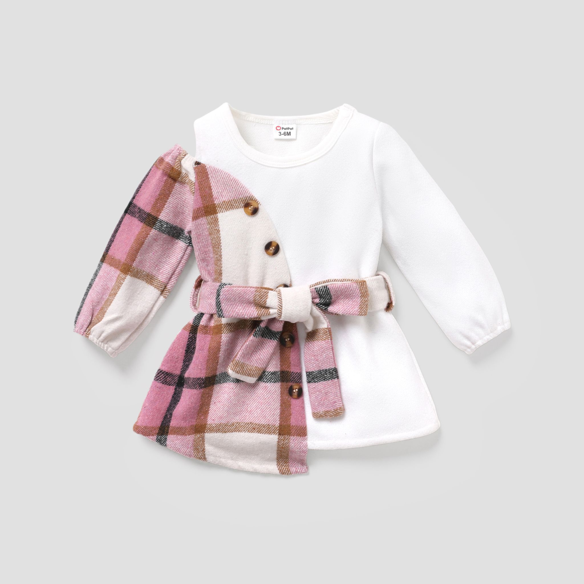 Baby Girl Plaid Buttons Belted Long-sleeve Dress