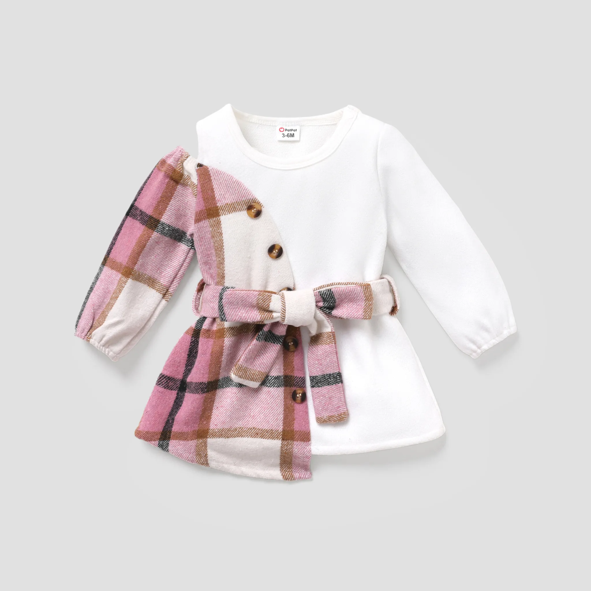 Baby Girl Plaid Buttons Belted Long-sleeve Dress  big image 1