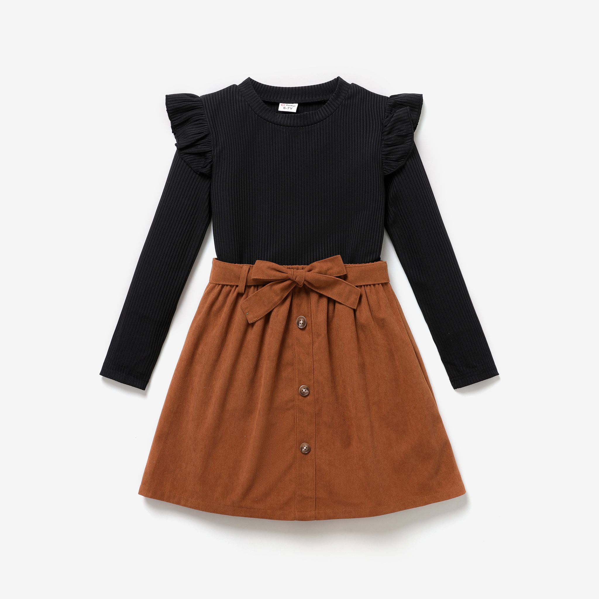 2PCS Kid Girl Solid Color Flutter Sleeve Fashionable Skirt Set
