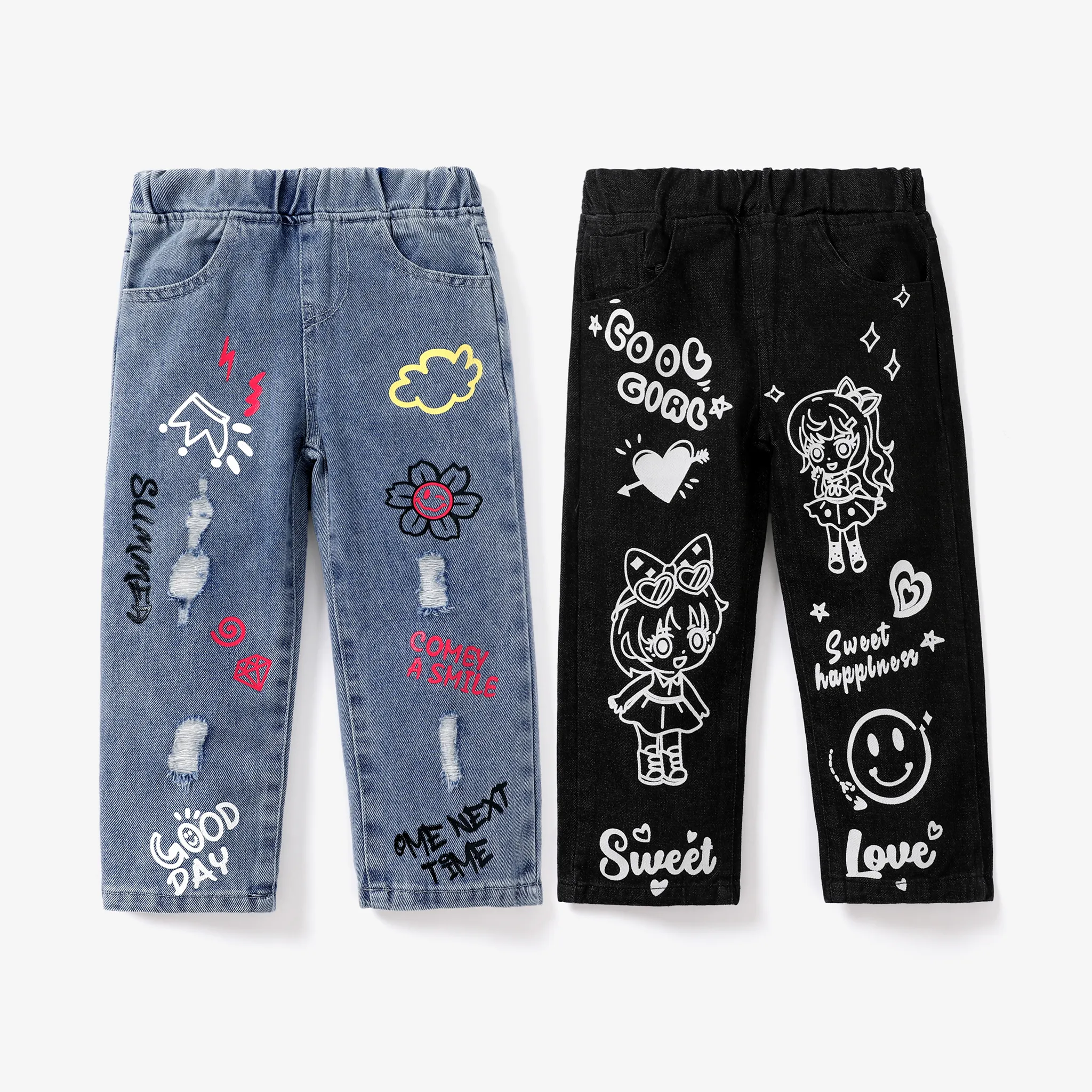 Toddler Girl/ Kid Girl 93% Cotton Graffiti Patch Pocket Loose Fit Jeans 
