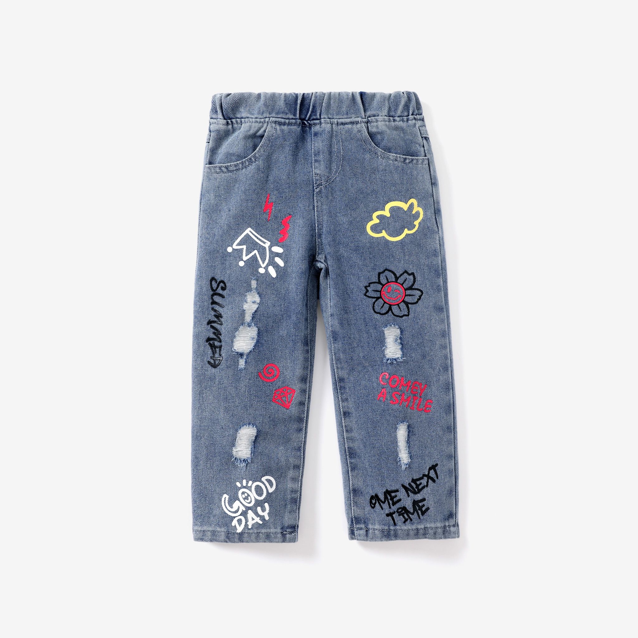 Toddler Girl/ Kid Girl 93% Cotton Graffiti Patch Pocket Loose Fit Jeans
