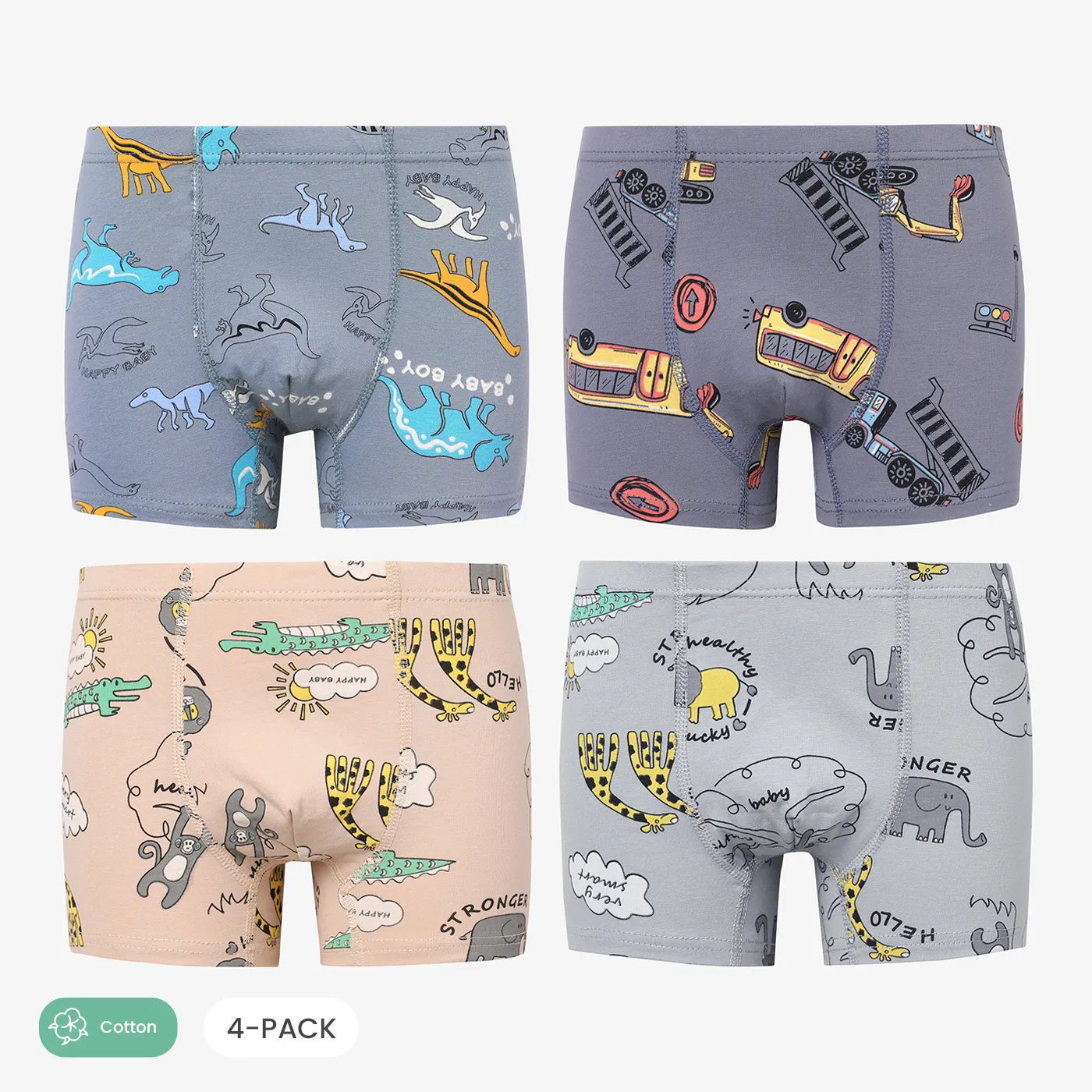 4-pack Kid Boy Allover Dinosaure / Animal / Ingénierie Véhicule Imprimer Boxer Slips Sous-vêtements