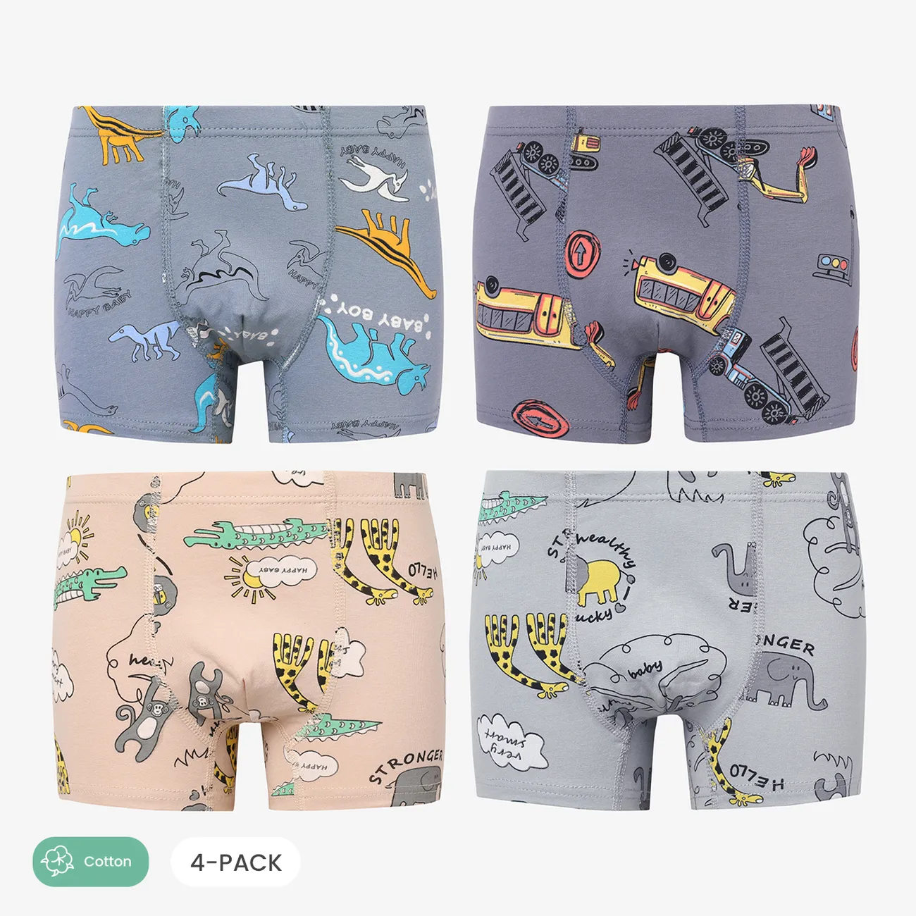 4-pack Kid Boy Allover Dinosaur / Animal / Engineering Vehicle Print Boxer Briefs Underwear Multi-color big image 1