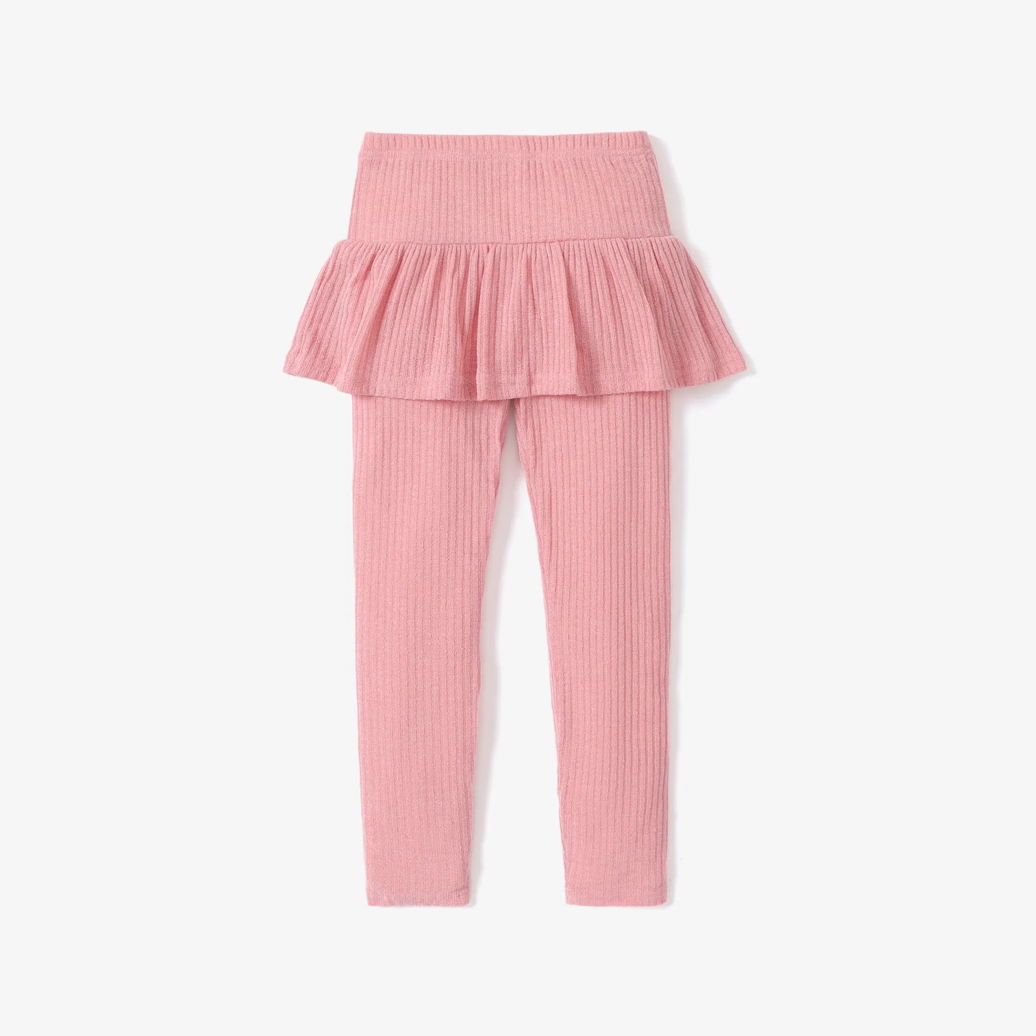 Kid Girl Ribbed Ruffled Solid Color Skirt Leggings Pink big image 1