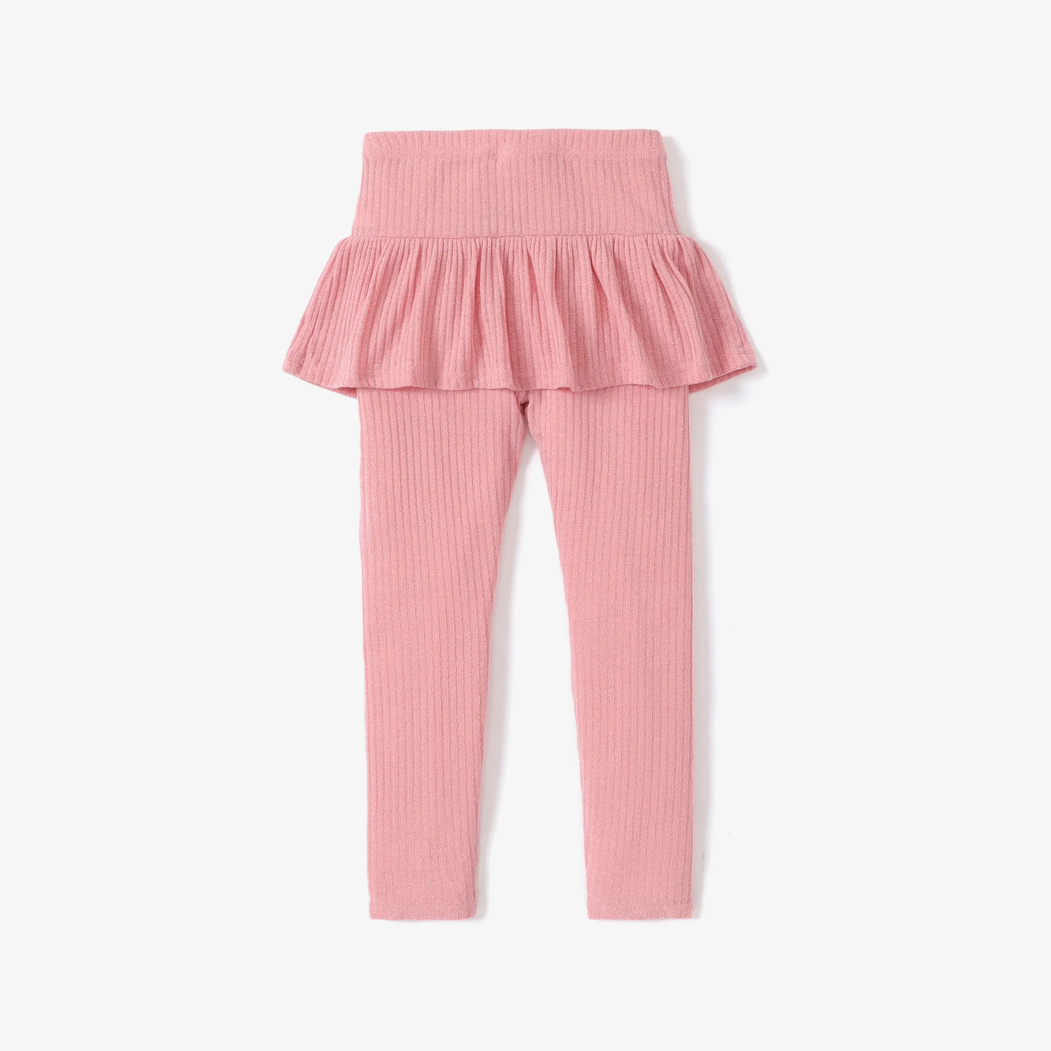 Kid Girl Ribbed Ruffled Solid Color Skirt Leggings Pink image 2