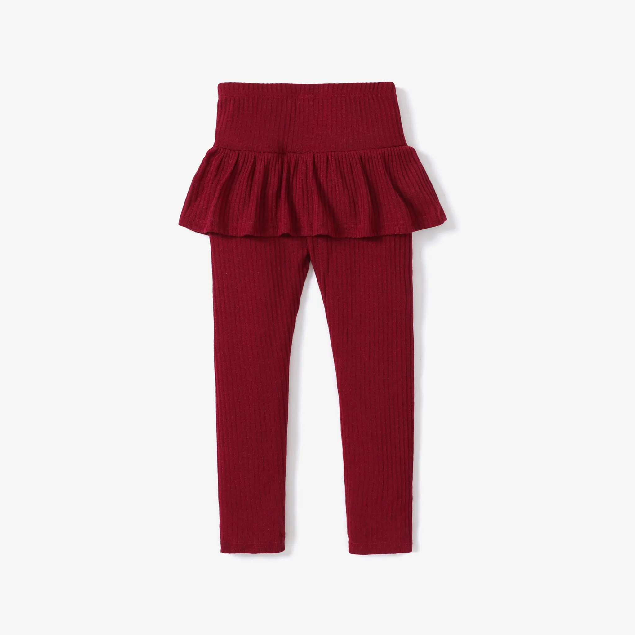 Kid Girl Ribbed Ruffled Solid Color Skirt Leggings Burgundy