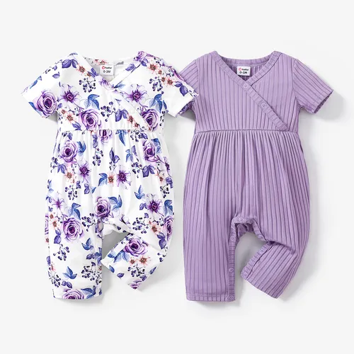 Baby Girl All Over Rabbit Print/Solid color/Floral print Ribbed V Neck Short-sleeve Jumpsuit