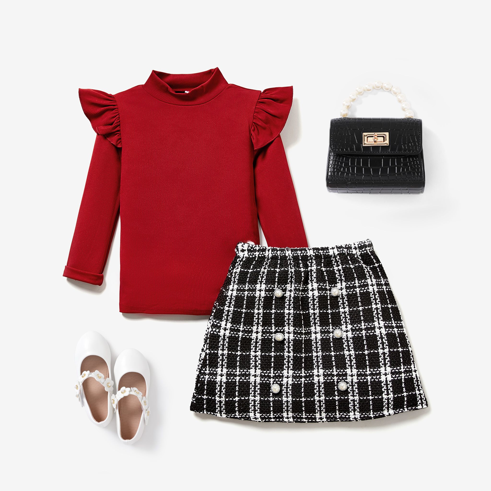 2PCS Kid Girl Sweet Button / Secret Button Grid / Houndstooth Skirt Set