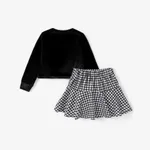2-piece Kid Girl Velvet Long-sleeve Black Top and Bowknot Design Houndstooth Skirt Set  image 2