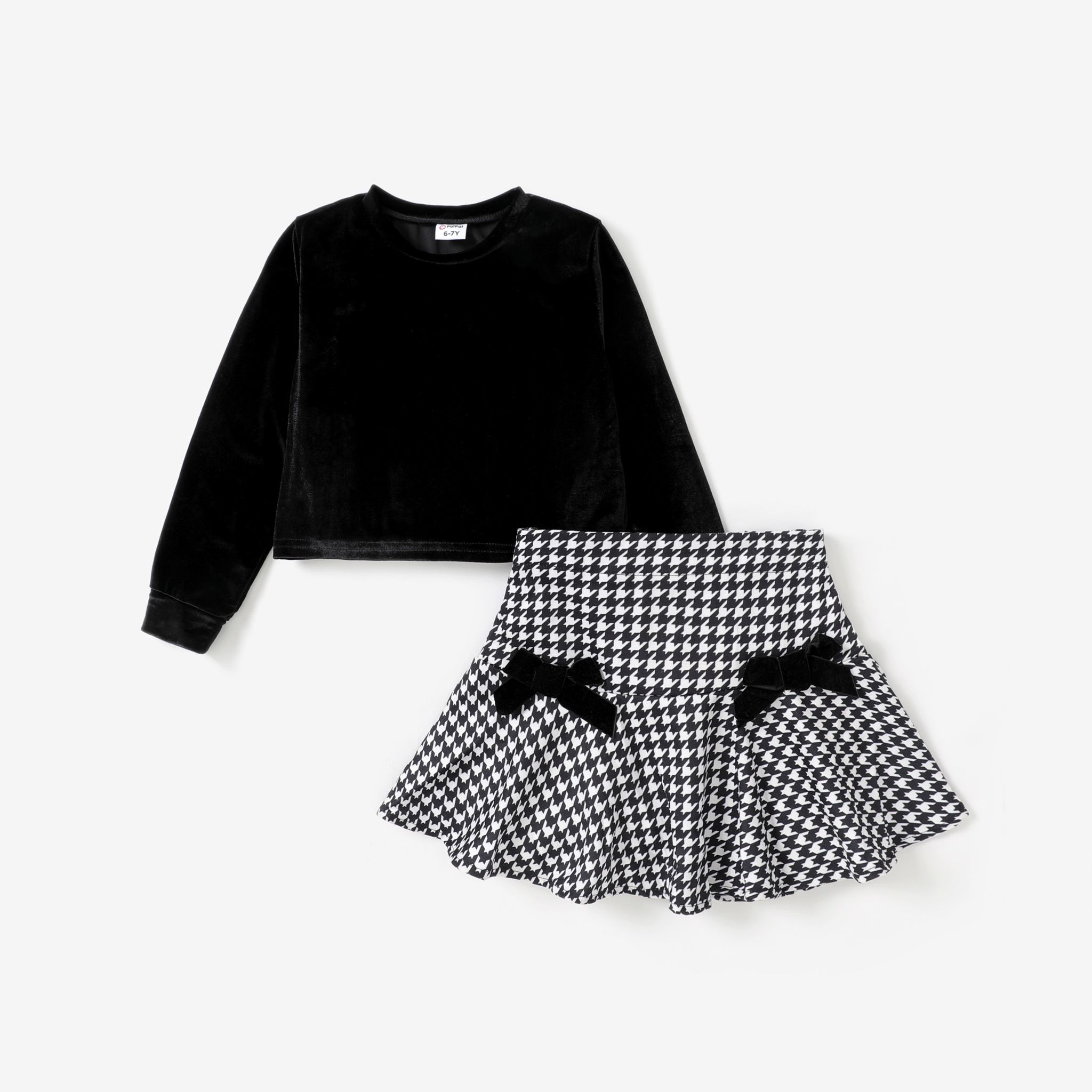 2pcs Kid Girl Velvet Long-Sleeve Crop Tee and Grip Skirt Set