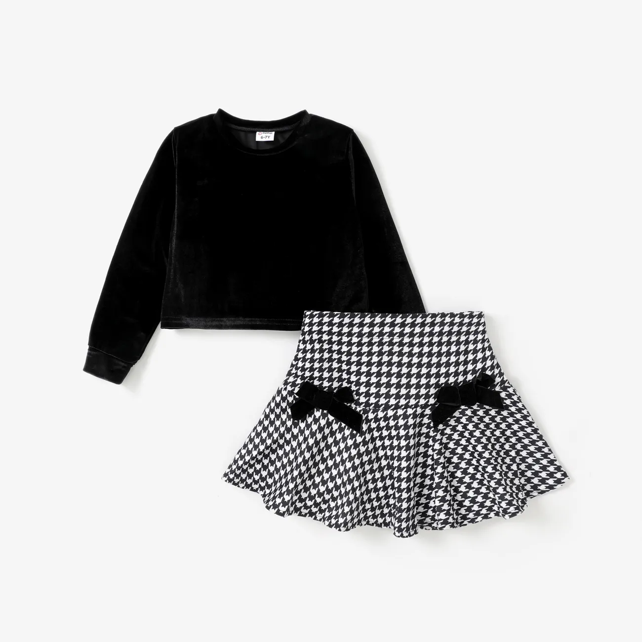 2-piece Kid Girl Velvet Long-sleeve Black Top and Bowknot Design Houndstooth Skirt Set  big image 1