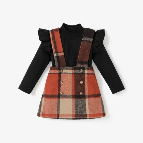 2PCS Toddler Girl  Classic Grid/Houndstooth Flutter Sleeve Dress Set 