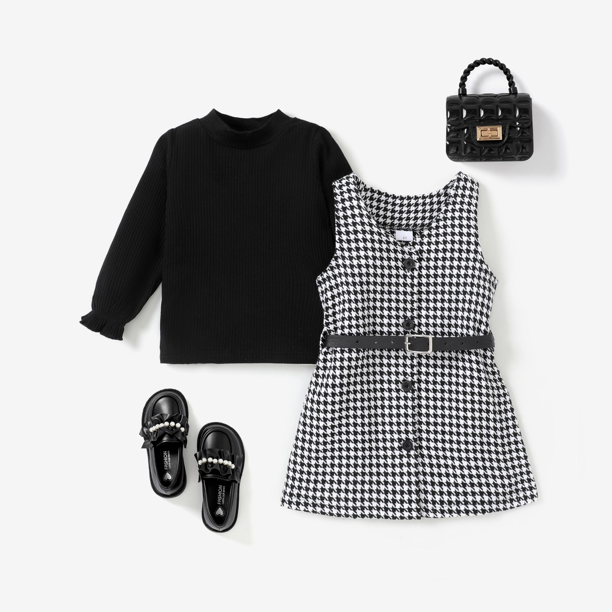 3PCS Toddler Girl Classic Grid/Houndstooth Long Sleeve Dress Set