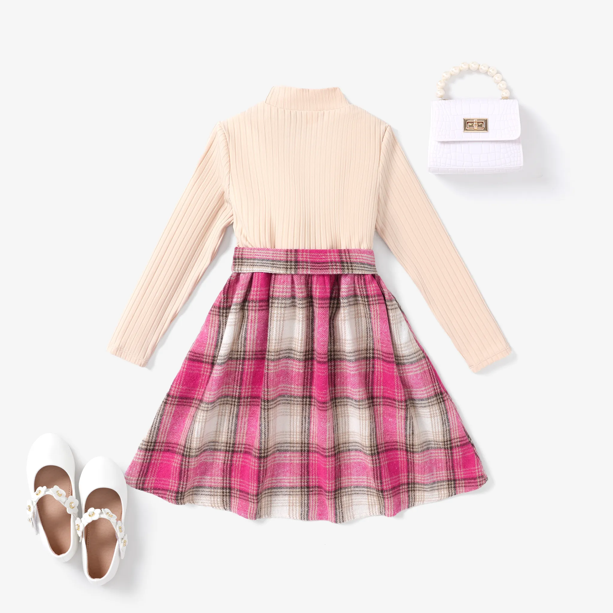 2PCS Kid Girl Classic Plaid Stitching Houndstooth Grid Dress Set  Pink image 2