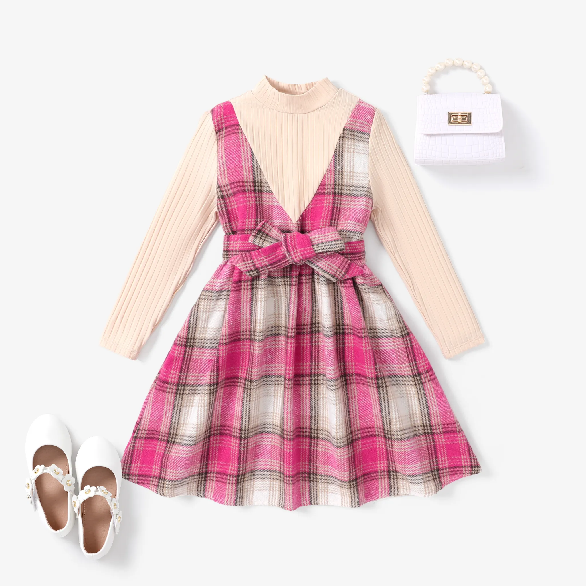 2PCS Kid Girl Classic Plaid Stitching Houndstooth Grid Dress Set  Pink big image 1