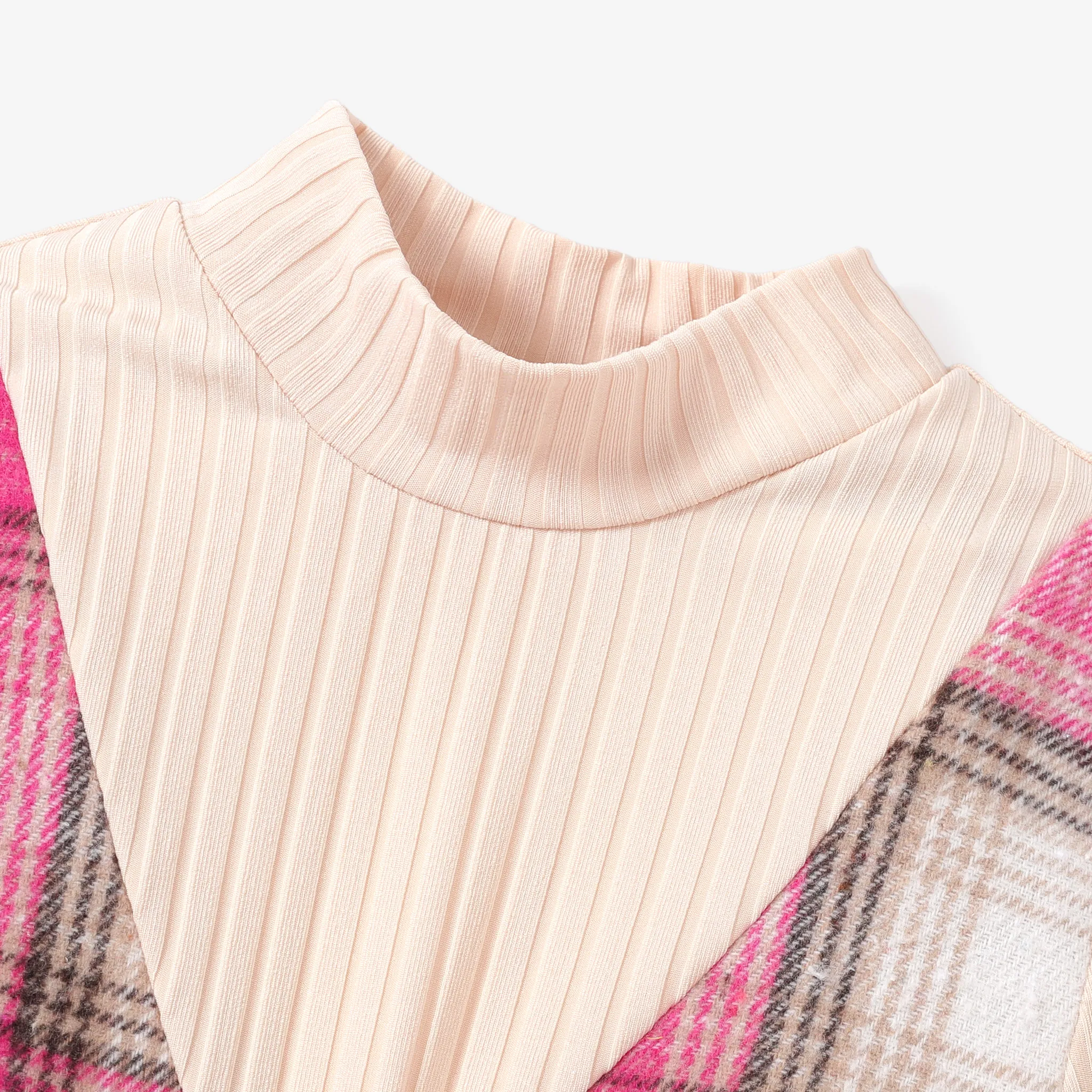 2PCS Kid Girl Classic Plaid Stitching Houndstooth Grid Dress Set  Pink image 3