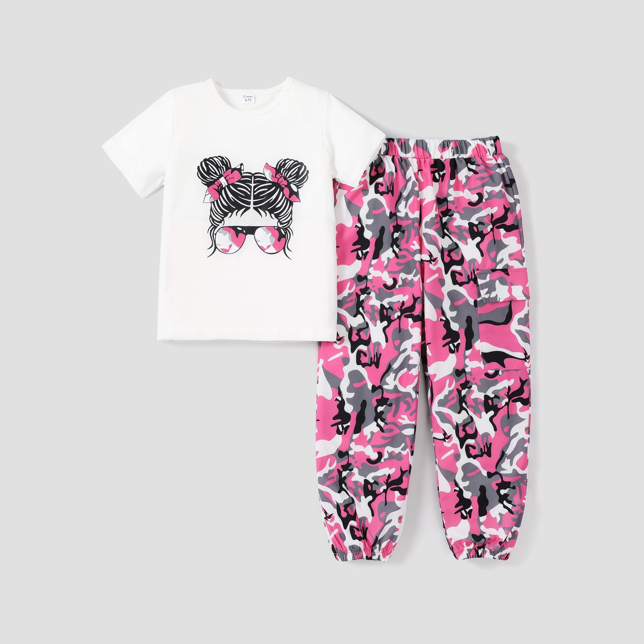 2pcs Kid Girl Figure Print Short-sleeve Tee And Camouflage Pants Set