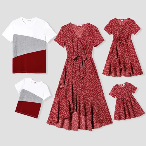 Family Matching Wine Red Floral Short Sleeve Pleated Belted Dresses and Colorblock Tops Sets