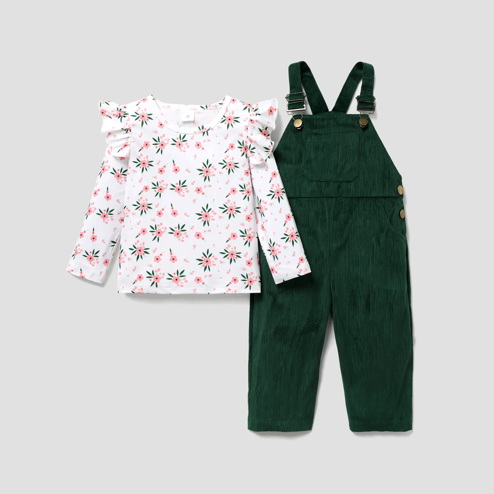 2PCS Toddler Girl  Sweet Button Detail Floral Pattern Set 