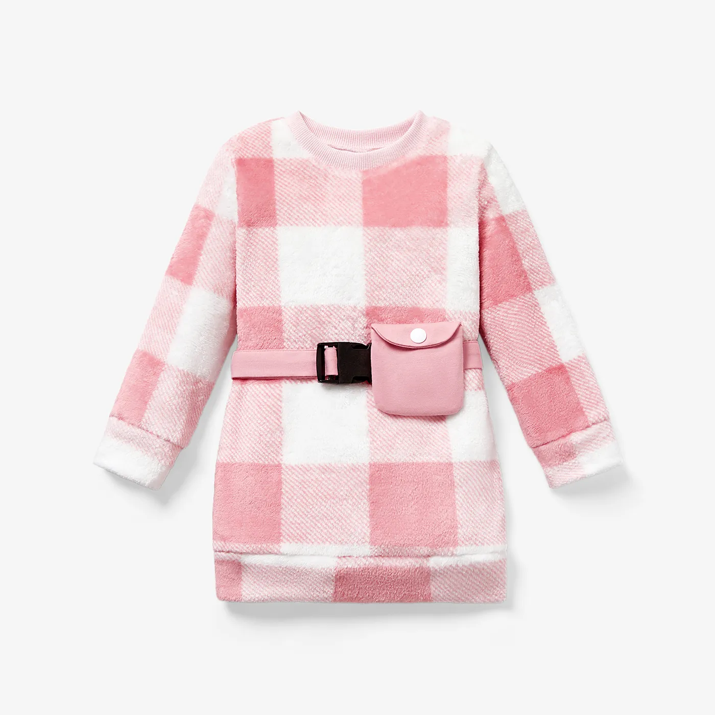  2PCS Toddler Girl Sweet Waist Bag Grid/Houndstooth Pattern Long Sleeve Dress Set    big image 1