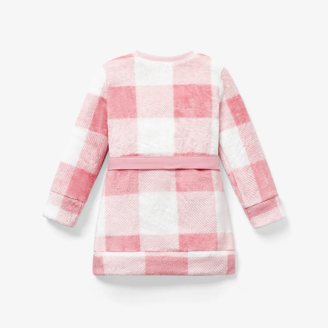  2PCS Toddler Girl Sweet Waist Bag Grid/Houndstooth Pattern Long Sleeve Dress Set   Pink big image 1