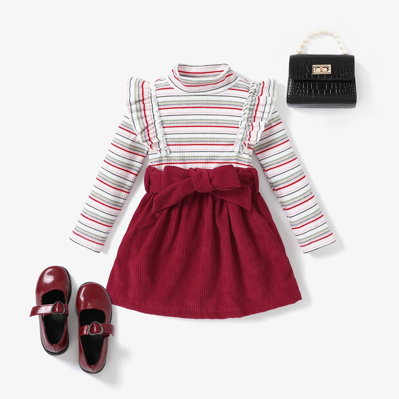 3PCS Toddler Girl Sweet Stripe Ruffle Edge Long Sleeve Dress Set big image 1