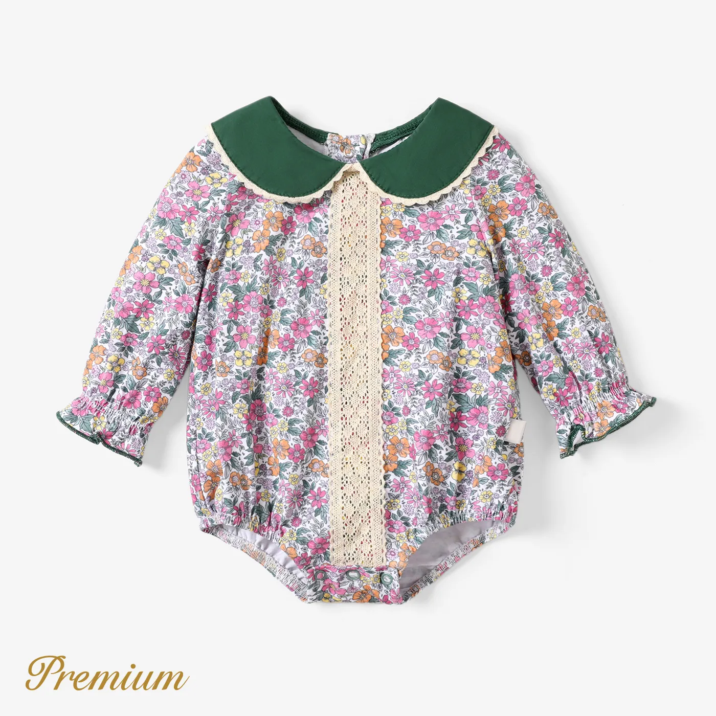 Baby Girl Elegant  Romper with Lapel and Broken Flower Pattern