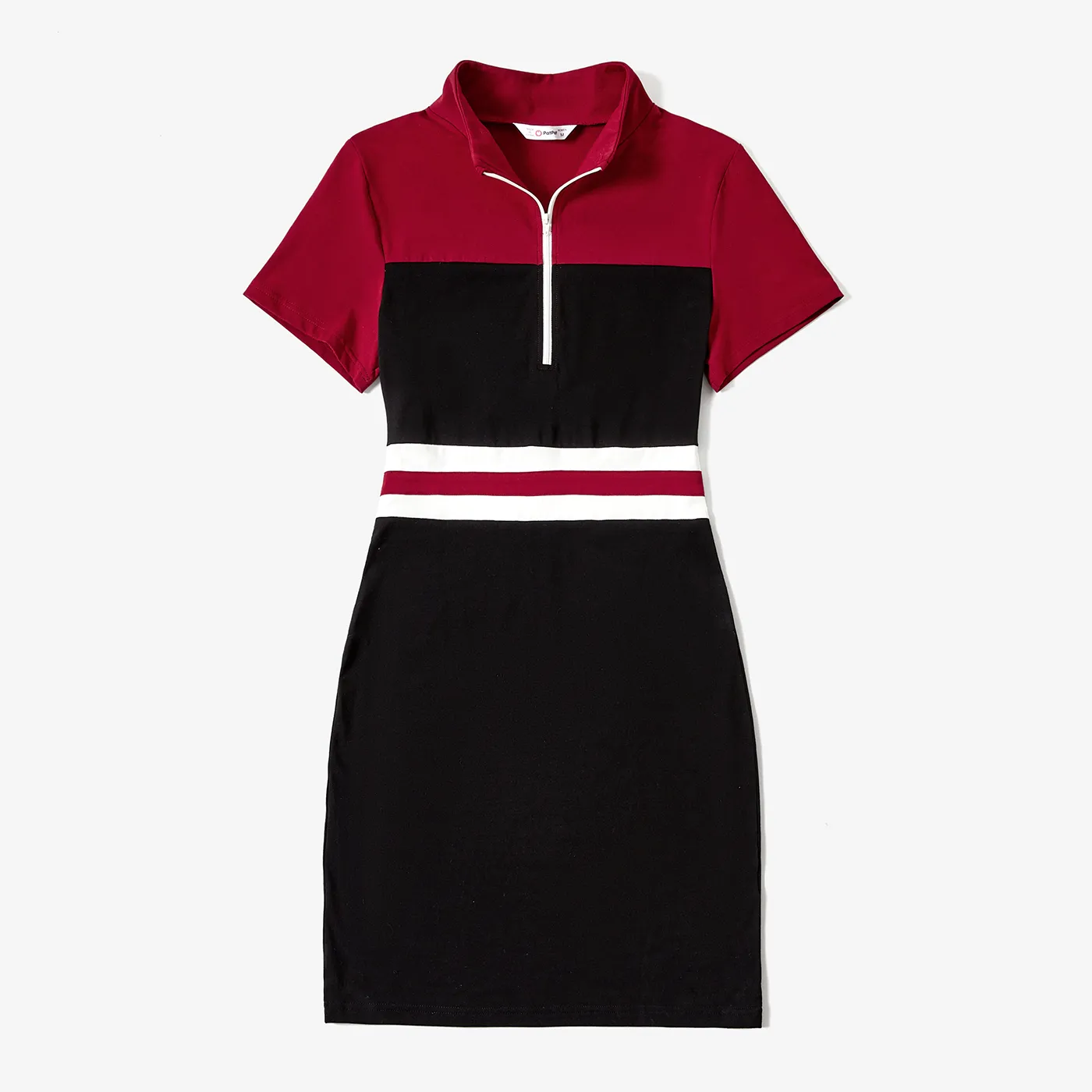 Mommy And Me Matching Wine Red And Black Color-block Cotton Zippered Polo Collar Short Sleeves Dresses And Romper