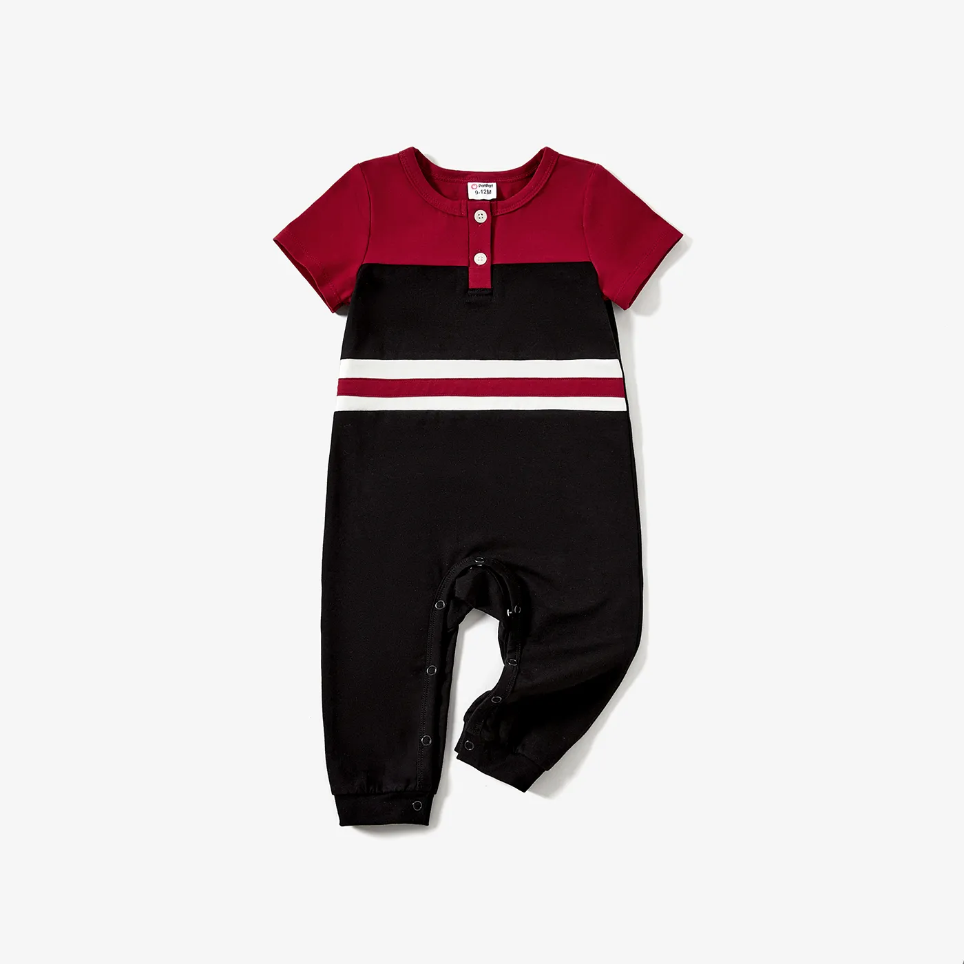 Mommy and Me Matching Wine Red and Black Color-block Cotton Zippered Polo Collar Short Sleeves Dresses and Romper Burgundy big image 1