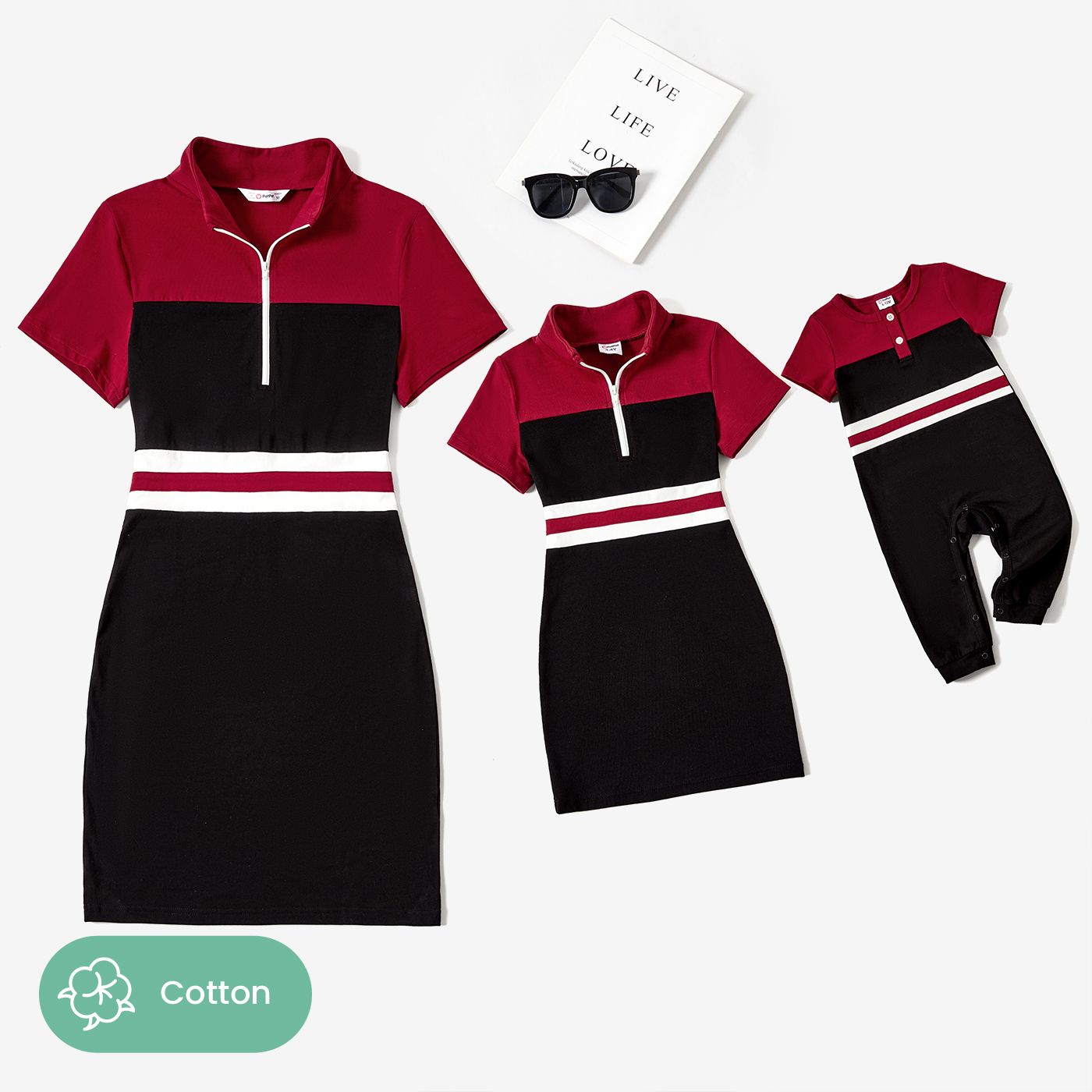 Mommy And Me Matching Wine Red And Black Color-block Cotton Zippered Polo Collar Short Sleeves Dresses And Romper