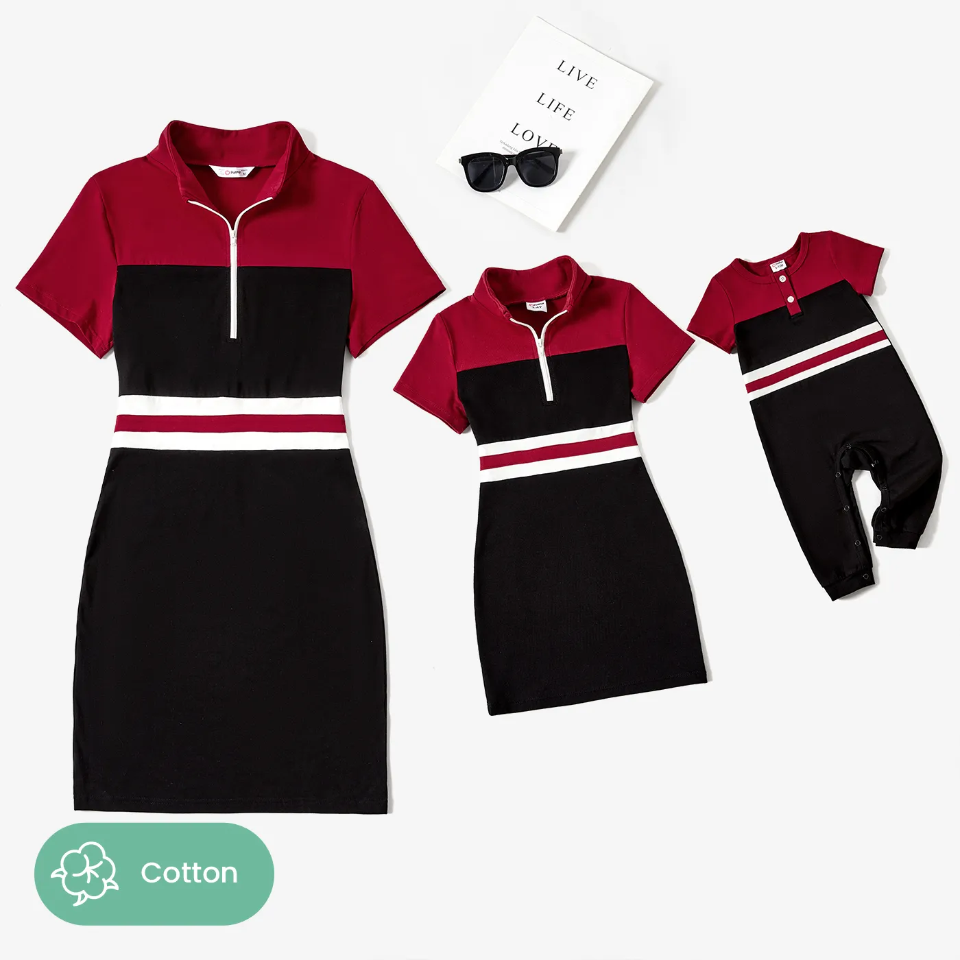 Mommy and Me Matching Wine Red and Black Color-block Cotton Zippered Polo Collar Short Sleeves Dresses and Romper