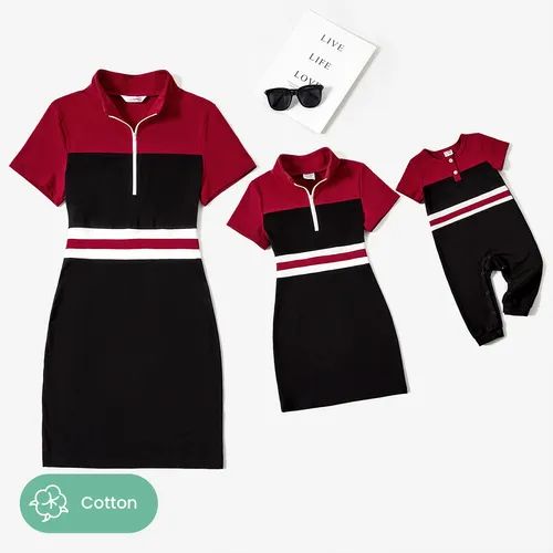 Mommy and Me Matching Wine Red and Black Color-block Cotton Zippered Polo Collar Short Sleeves Dresses and Romper