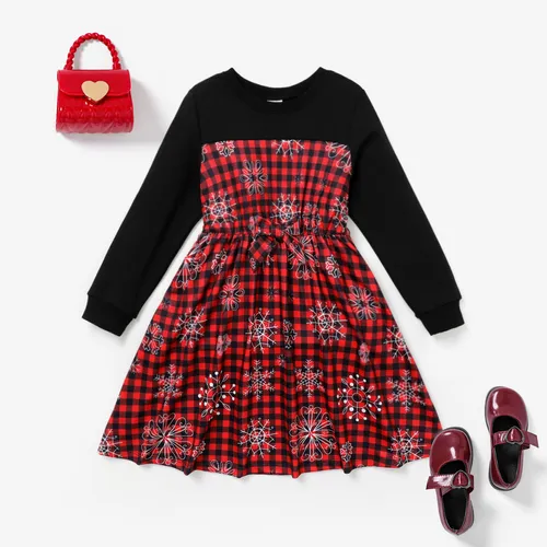 Christmas Kid Girl Colorblock Plaid patter bowknot design Dress