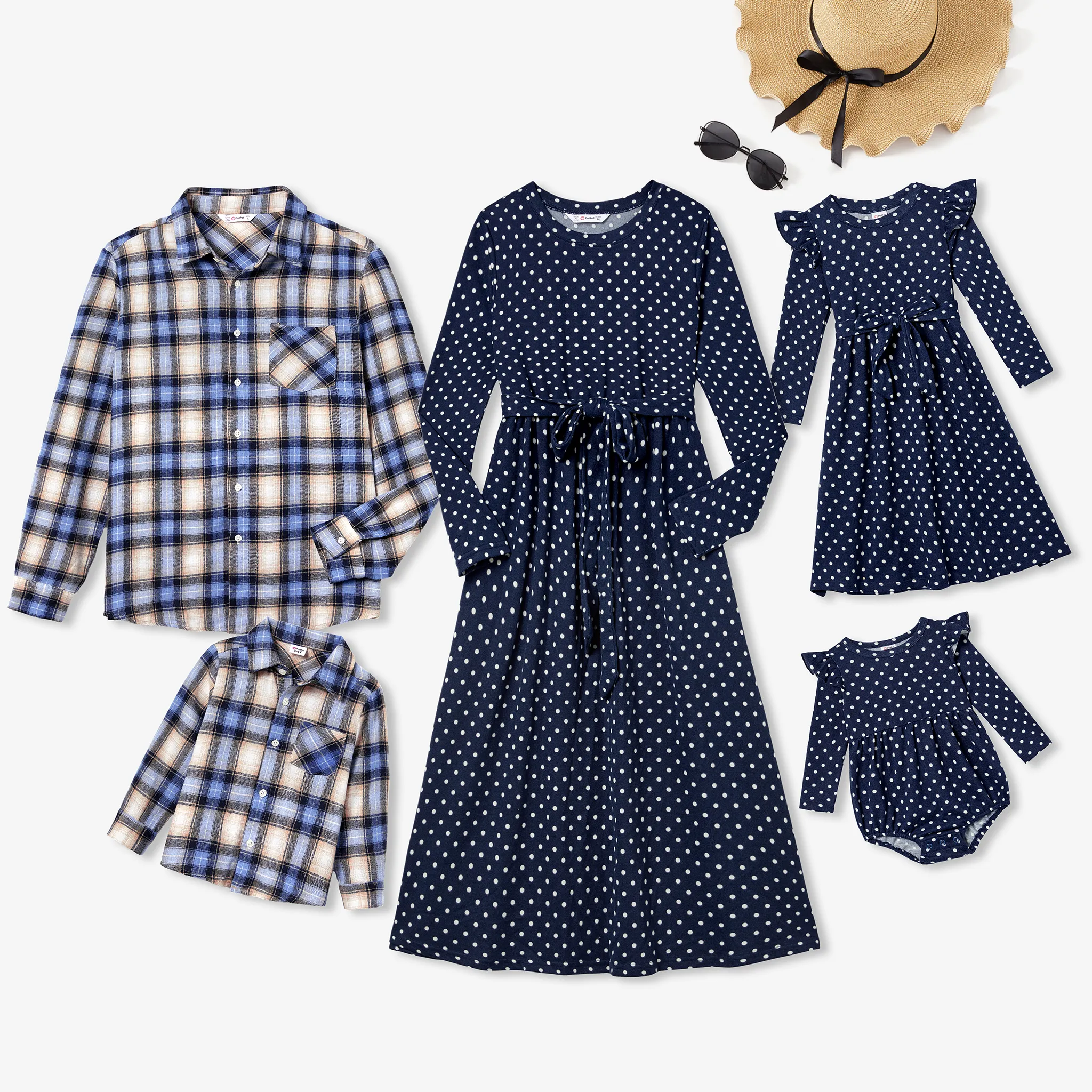 Matching Family Plaid Long-sleeve Tops And Polka Dots Flutter Sleeve Dresses Sets
