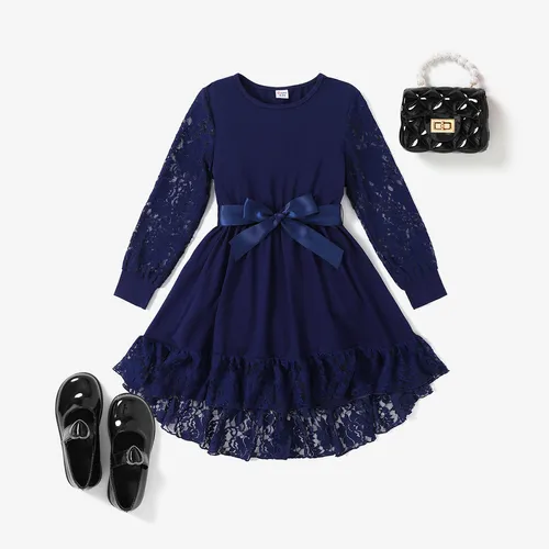 2pcs Kid Girl Lace  Asymmetrical Hemline Dress Set with Belt