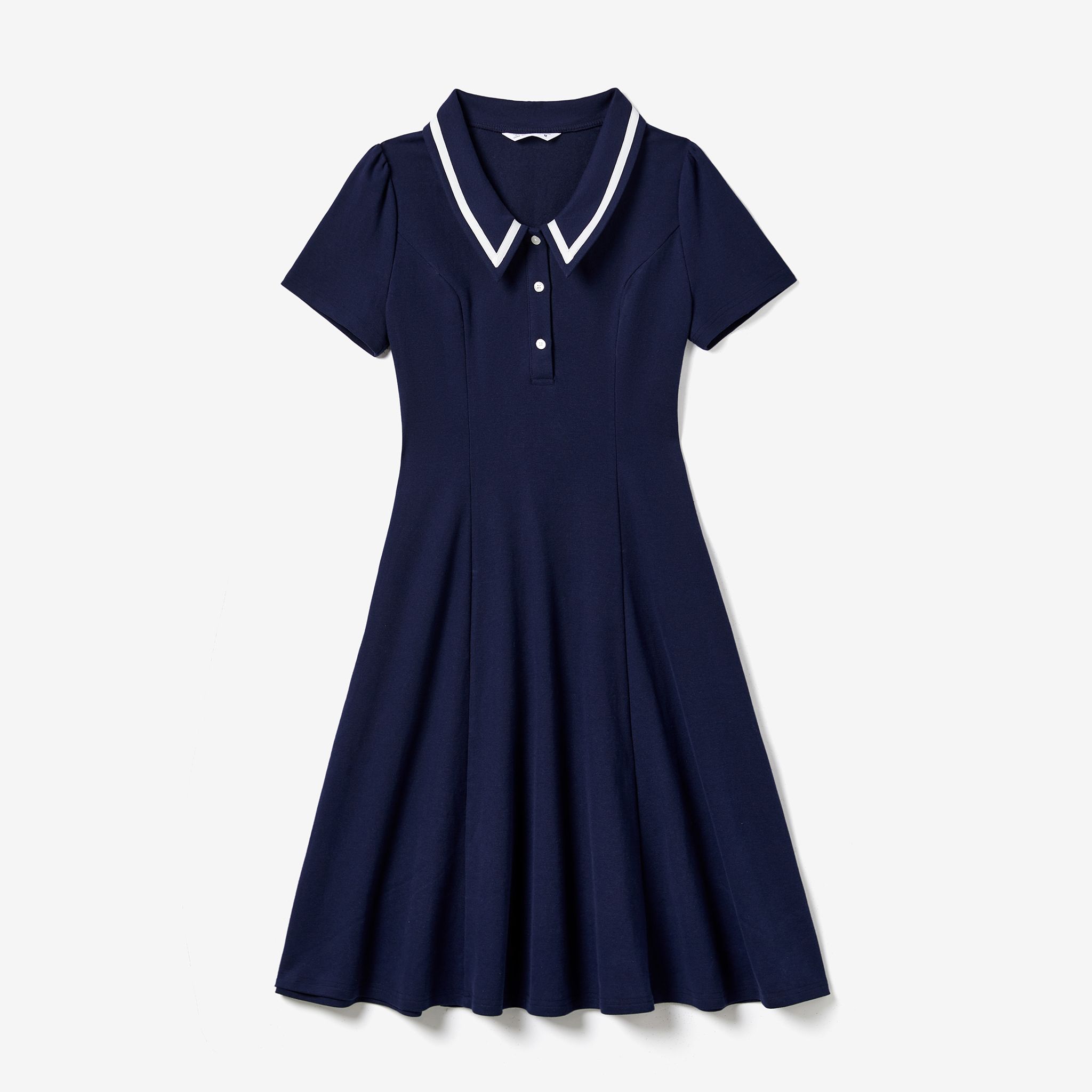 Famille Assortie Casual Bleu Marine À Manches Courtes Rayures Polos Chemises Et Col Marin Solide Smocked Ourlet Robes Ensembles
