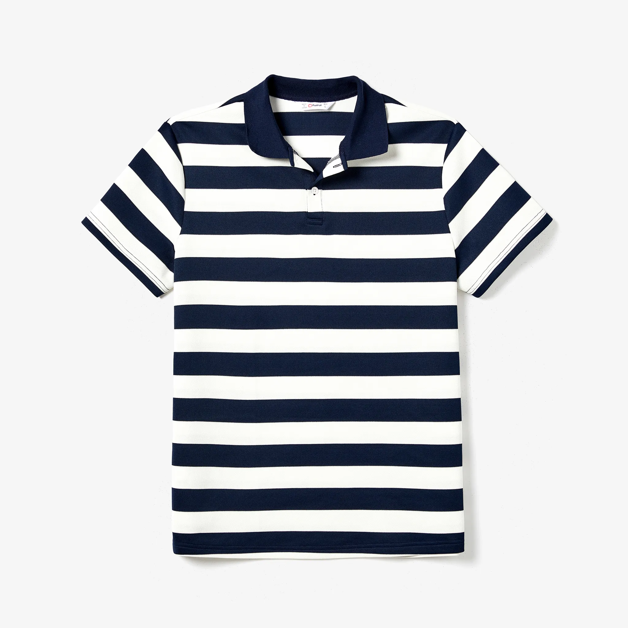 Family Matching Casual Navy Blue Short-sleeve Stripes Polo Shirts And Solid Sailor Collar Smocked Hem Dresses Sets