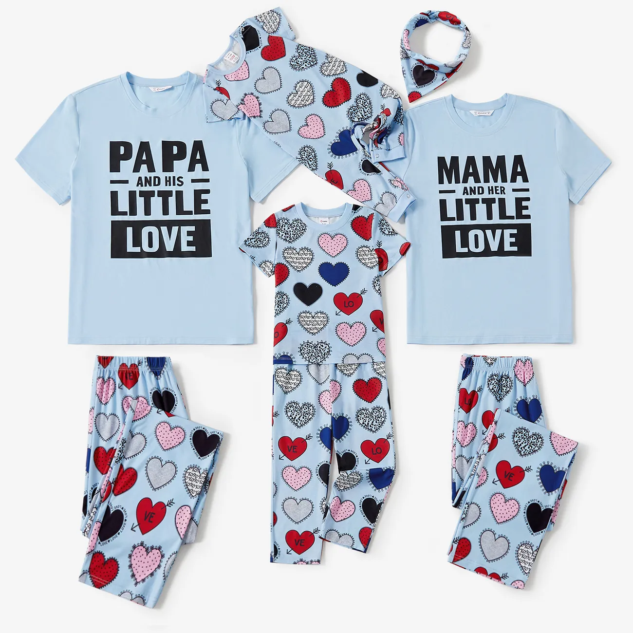 Family Matching Letters & Heart Pattern Short-sleeve Pajamas Sets(Flame resistant) Light Blue big image 1