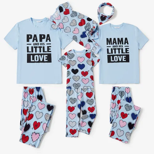 Conjuntos de pijamas de pantalones y tops de poliéster con estampado de texto y corazón a juego con la familia (resistente a las llamas)