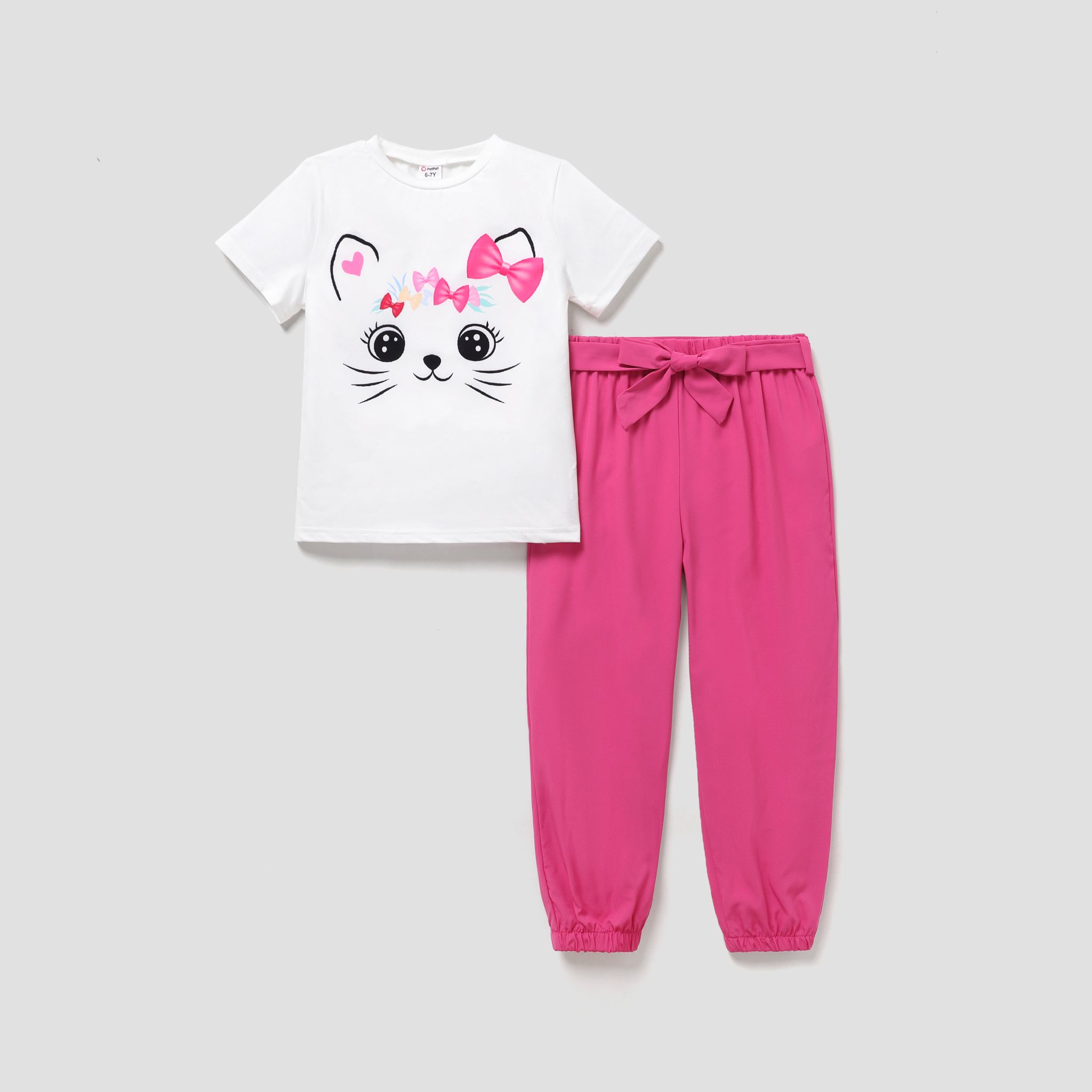 2pcs Kid Girl Cute Cat Print Tee à Manches Courtes Et Ensemble De Pantalons Ceinturés