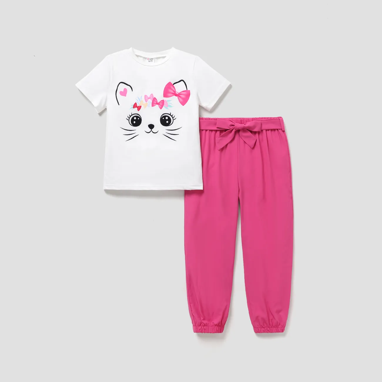 2pcs Kid Girl Cute Cat Print Short-sleeve Tee and Belted Pants Set   big image 1