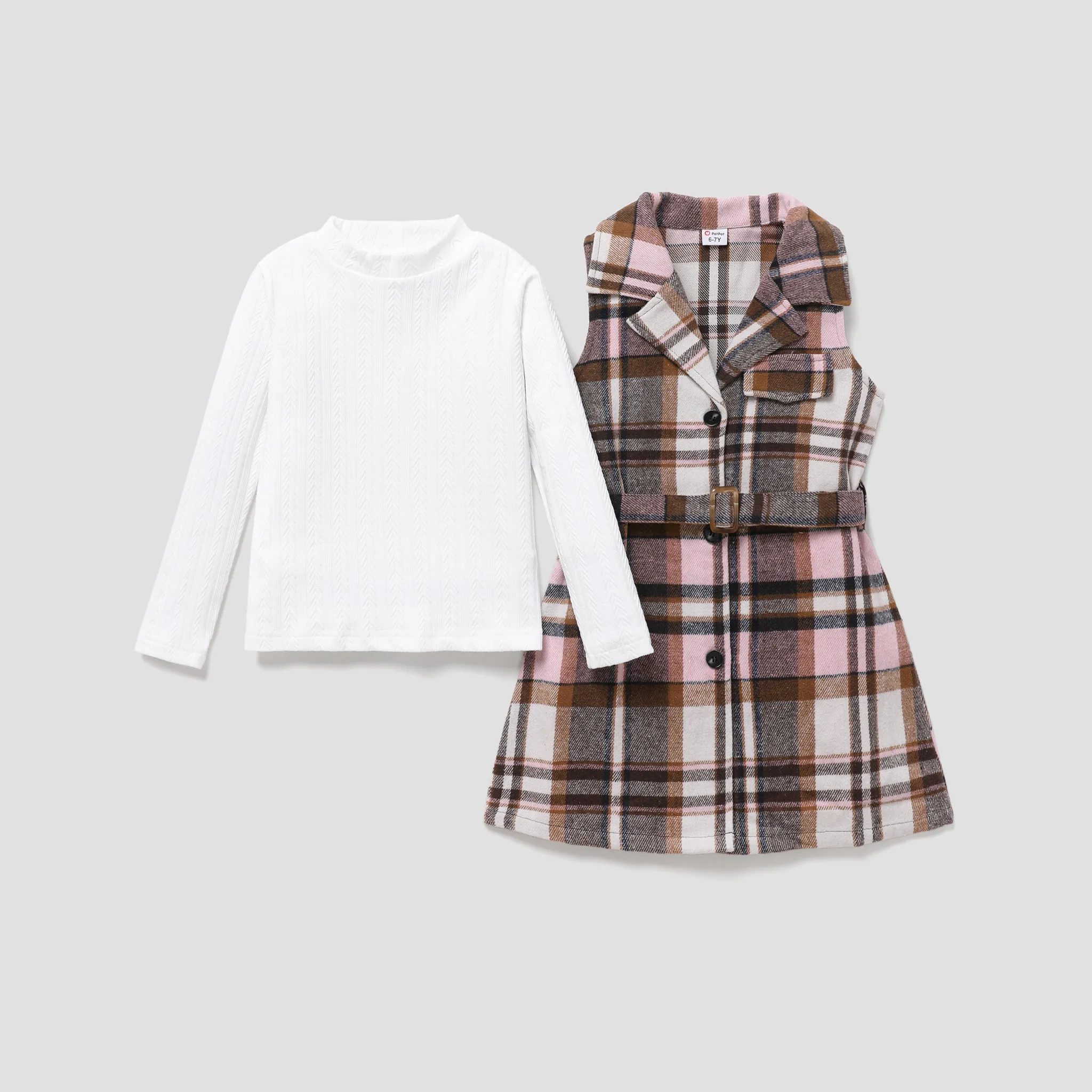 2PCS Kid Girl Grid/Houndstooth Fashionable Lapel Skirt Set Pink image 2