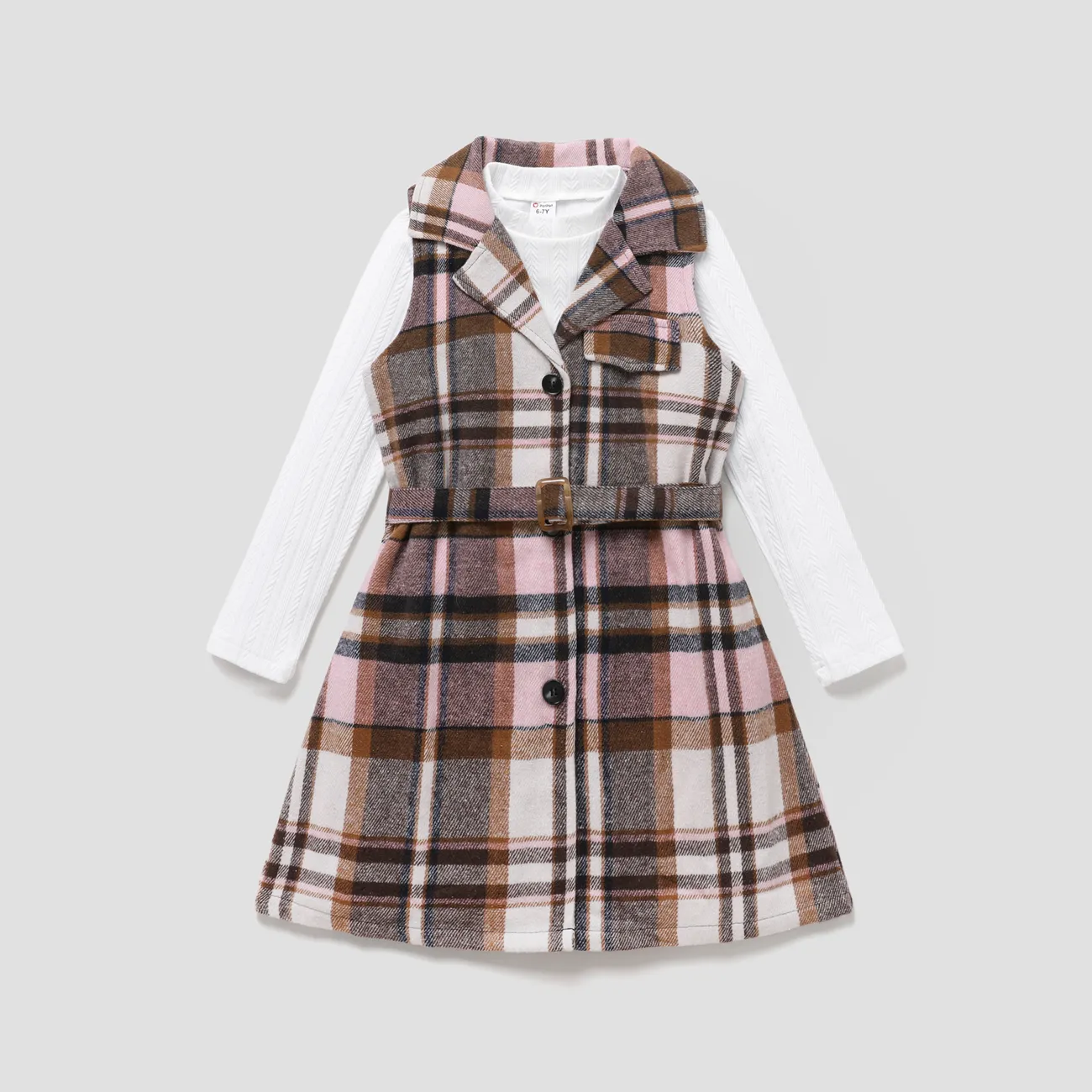 2PCS Kid Girl Grid/Houndstooth Fashionable Lapel Skirt Set Pink big image 1