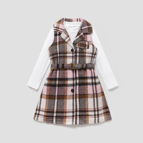 2PCS Kid Girl Grid/Houndstooth Fashionable Lapel Skirt Set
